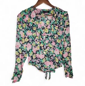 Sandro Paris Vintage 1980s Floral Print Blouse in Black Pink Green Yellow Size S